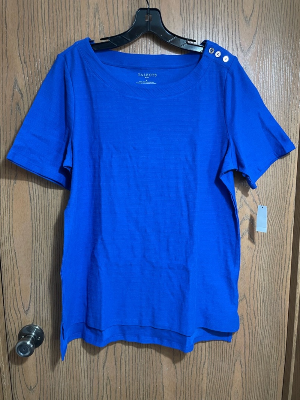 NWT Talbots Blue Tee with Short Sleeves and Button Shoulder